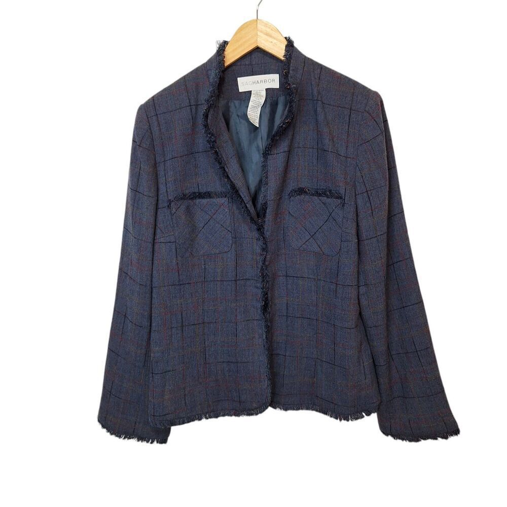 Sag Harbor Womens Size 14 Plaid‎ Blazer Blue Plaid Fringe Edges Lined VINTAGE